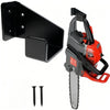 A heavy-duty wall mounted chainsaw hanger with a black bracket and an orange and black chainsaw blade.