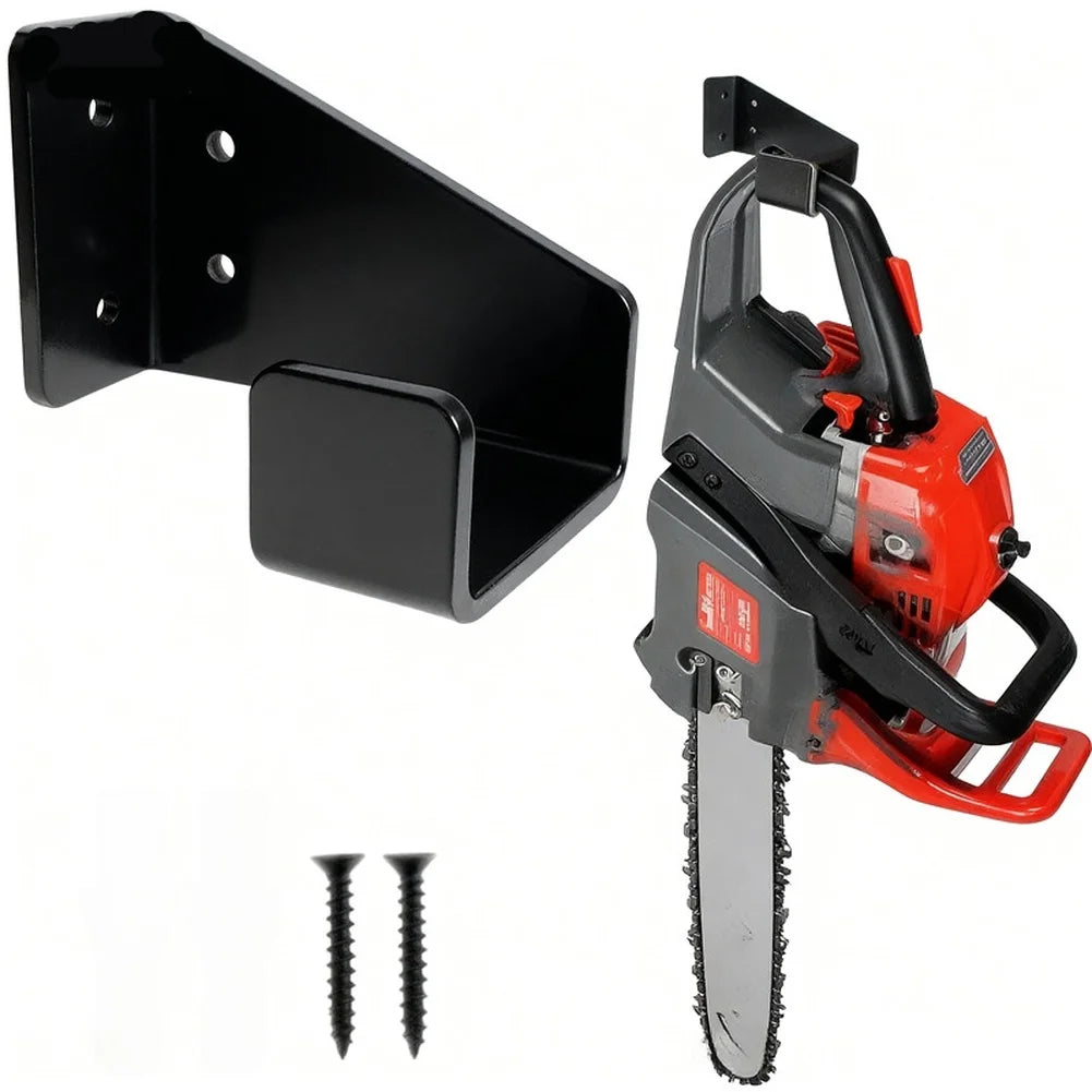 A heavy-duty wall mounted chainsaw hanger with a black bracket and an orange and black chainsaw blade.
