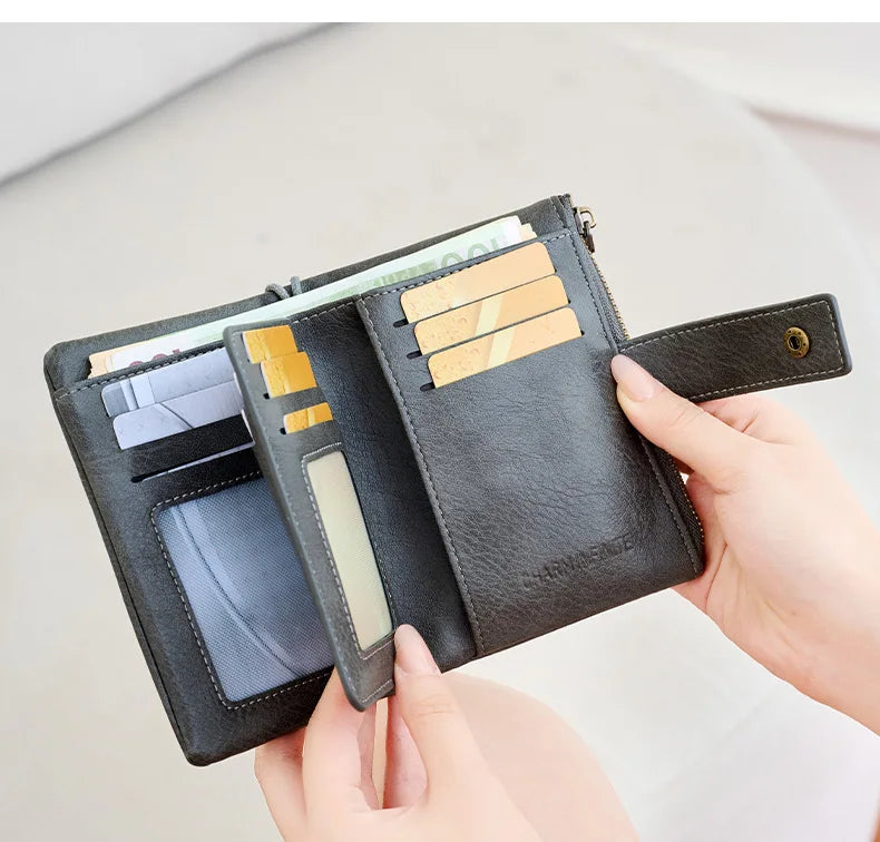 Vintage RFID-Blocking Triple-Fold Wallet with Double Zipper