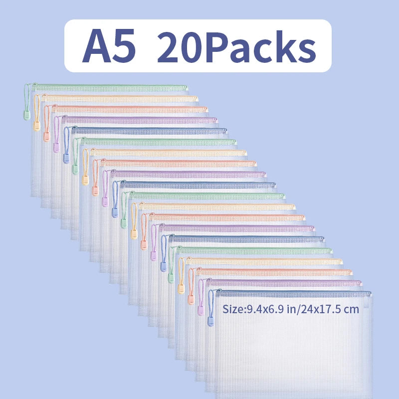 20 paquetes de bolsas de documentos de malla con cremallera en varios colores pastel apilados en fila