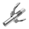A silver heavy-duty grease gun coupler with a quick-release double handle.
