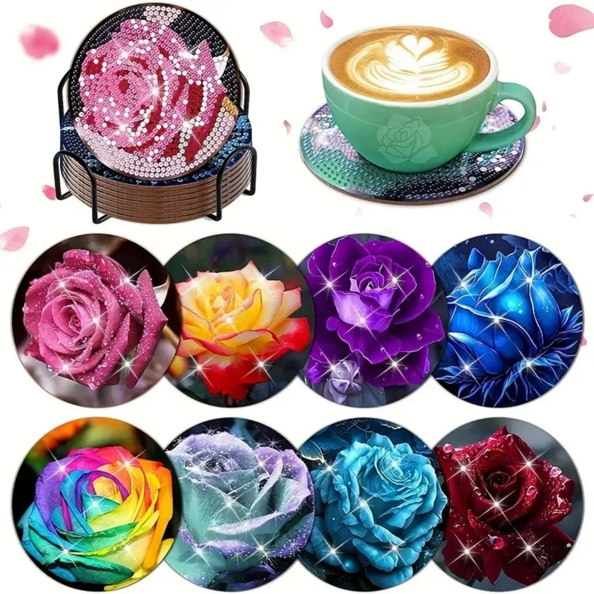 A set of sparkling diamond painting coasters and a holder featuring various floral designs in pink, yellow, purple, blue, and