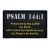 Black embroidered patch featuring Psalm 144:1 text on a white background.