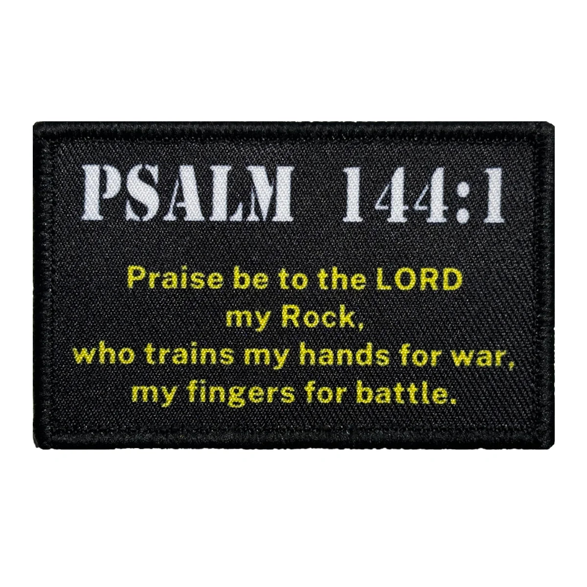 Black embroidered patch featuring Psalm 144:1 text on a white background.
