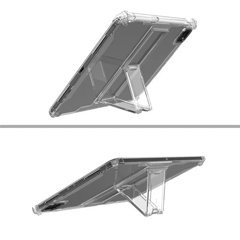A clear protective iPad case with a shockproof design shown from an angled view.