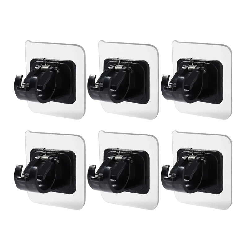Set of four black adhesive curtain rod hooks for nail-free clamping in showers and storage