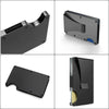 Black slim aluminum wallet with a money clip shown from multiple angles