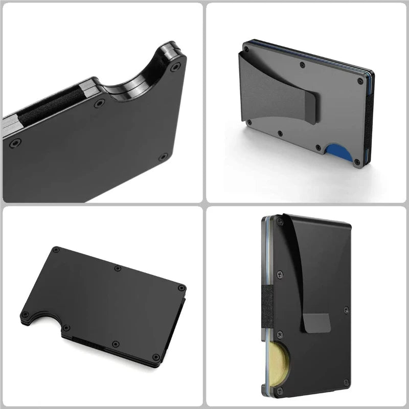 Black slim aluminum wallet with a money clip shown from multiple angles