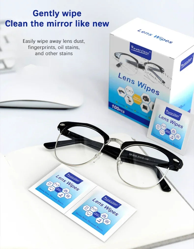 Box of Powerclean Lens Wipes with a pair of eyeglasses and a white mouse visible.