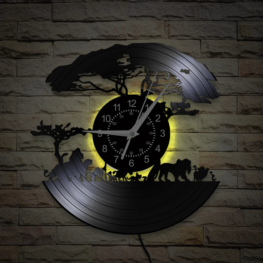 African Safari Cartoon Lion Vinyl Record Wall Clock – Silent Non-Ticking, 12-Inch Decor for Kids' Rooms and Playrooms