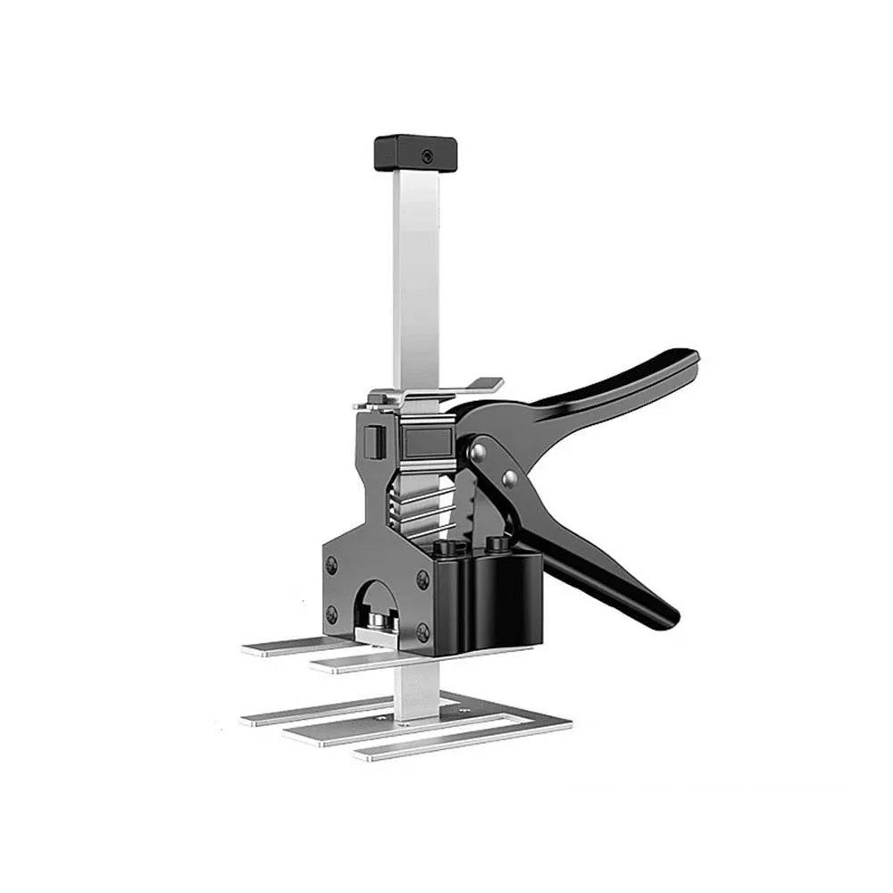 A silver adjustable tile leveling lifter with a black handle and mounting plate.
