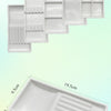 A white plastic drawer organizer tray with various compartments and a rectangular tray shown in different angles.