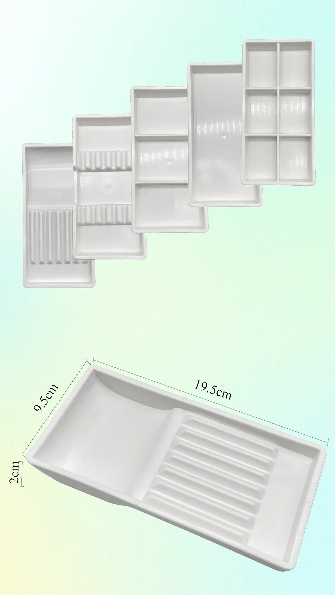 A white plastic drawer organizer tray with various compartments and a rectangular tray shown in different angles.
