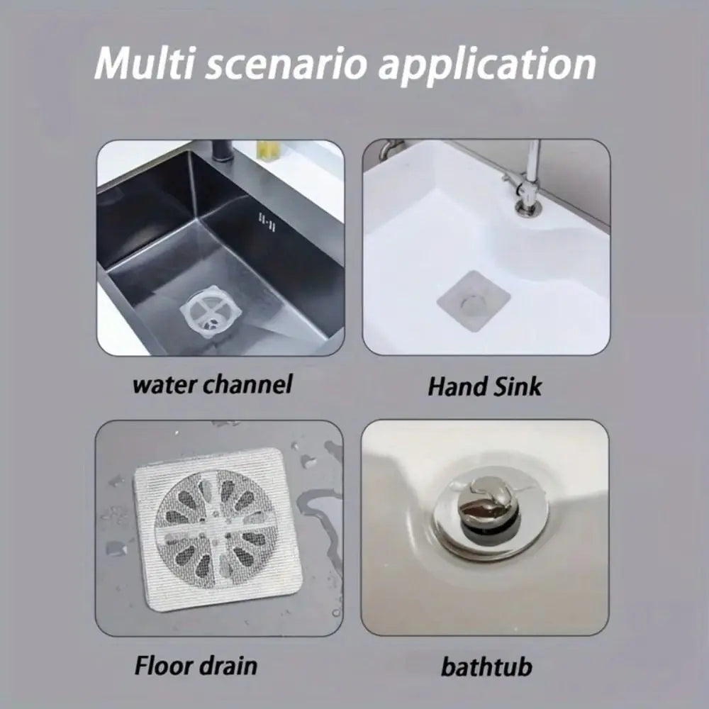 Image showing various applications of disposable drain hair catcher stickers including a water channel, hand sink, floor drai