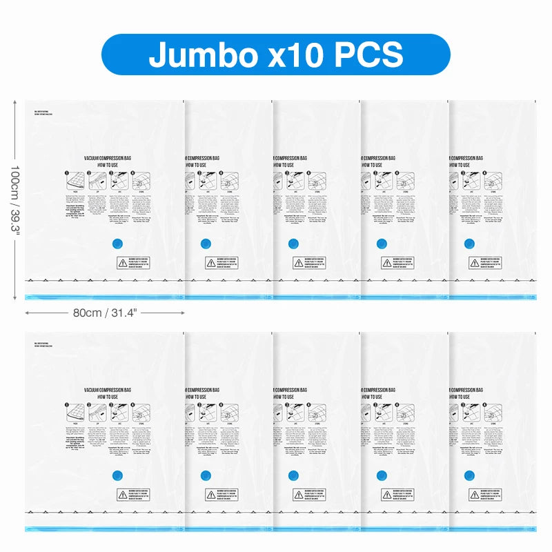 Ten jumbo vacuum compression bags for storage with electric pump and Type-C charging