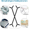 A set of adjustable bed sheet holder straps with anti-slip clips shown in various applications like sofa covers, ironing boar