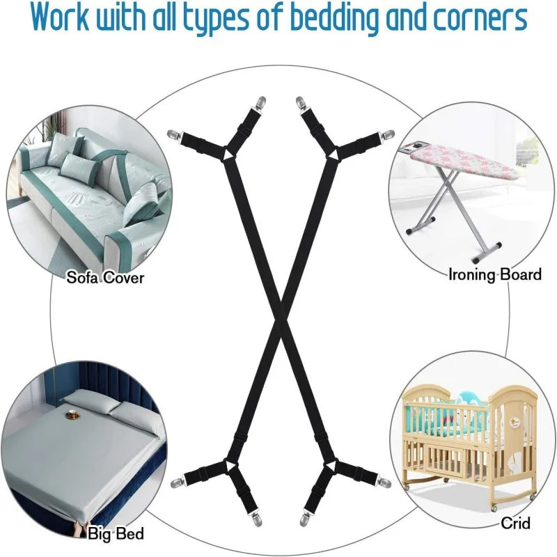 A set of adjustable bed sheet holder straps with anti-slip clips shown in various applications like sofa covers, ironing boar