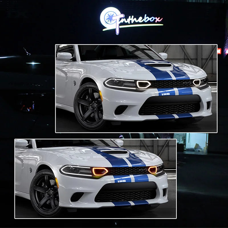 A white Dodge Charger with blue racing stripes and LED front grille lights.