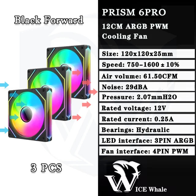 Schwarzer Prism 6PRO 12cm ARGB PWM Lüfter mit hydraulischen Lagern und LED-Schnittstelle
