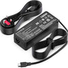 A black AC adapter with a USB-C output cable is shown, used to charge laptops.
