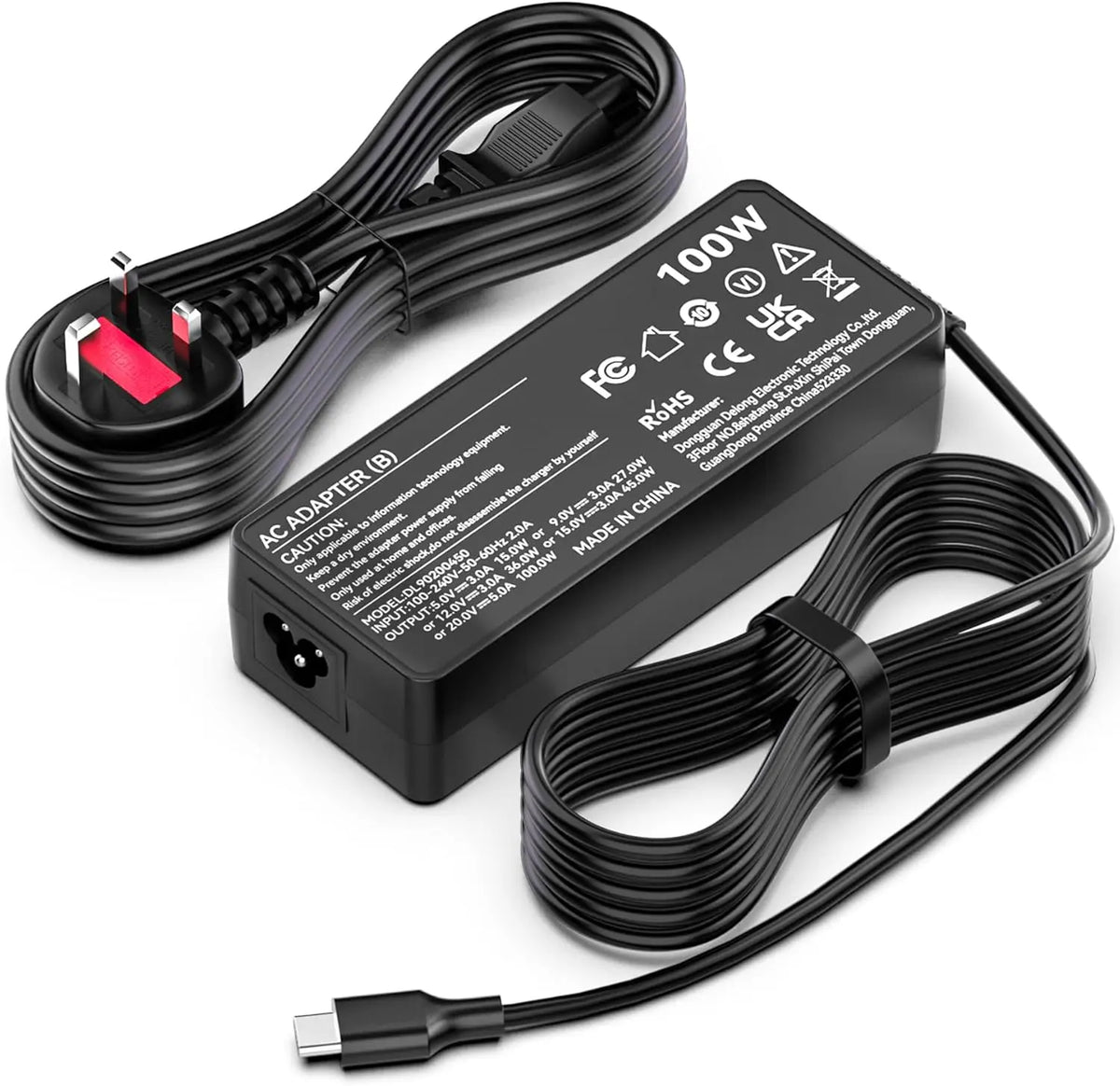 A black AC adapter with a USB-C output cable is shown, used to charge laptops.