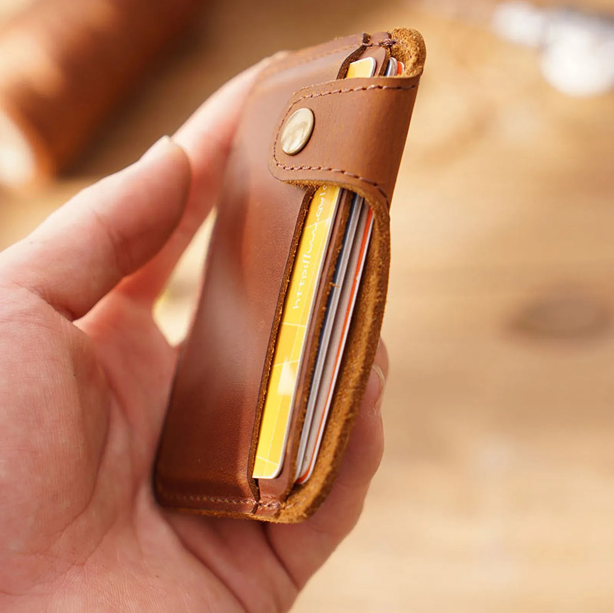 Vintage Leather Slim Card Holder with Snap Closure