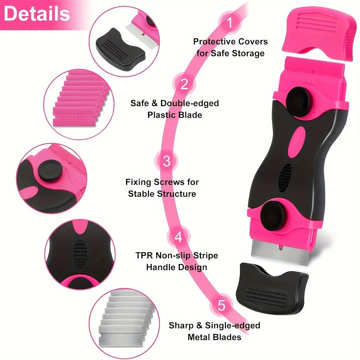 Diagram showing the components of an adhesive remover and glass scraper tool, including plastic covers, blades, and a handle 