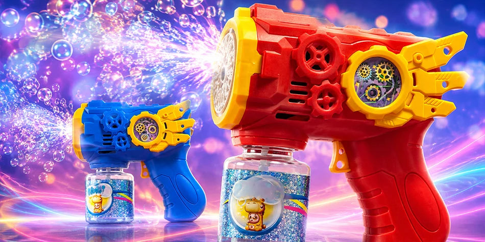 Ein rotes und gelbes automatisches Seifenblasenpistolenspielzeug neben einer blauen Version, mit sichtbaren Blasen im Hinterg