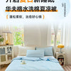 A light blue breathable waffle-weave summer quilt displayed on a bed with white linens and natural light.