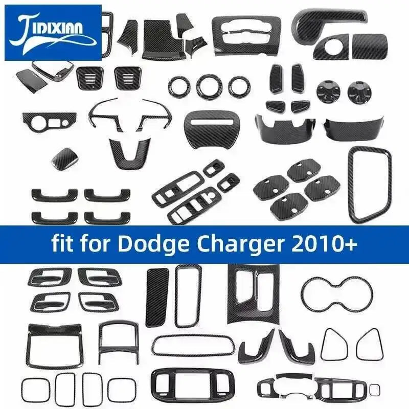 Carbon fiber interior trim kit for Dodge Charger featuring various trim pieces and accents.