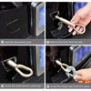 Step-by-step instructions showing how to install a trailer rope hook using a heavy-duty tow strap with hooks