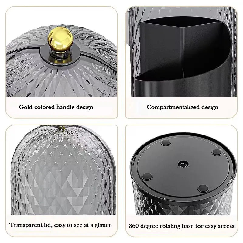 Organizador de brochas de maquillaje giratorio de 360 grados con mango dorado, diseño compartimentado y tapa transparente