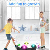 A soccer ball with a floating air cushion is shown on a floor, surrounded by text promoting happy childhood and growth.