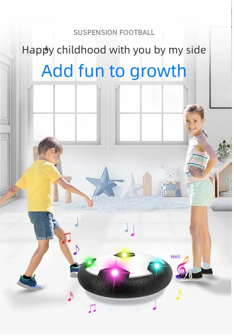 A soccer ball with a floating air cushion is shown on a floor, surrounded by text promoting happy childhood and growth.