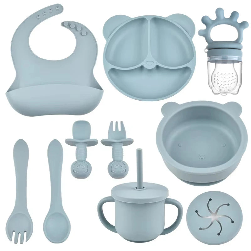Complete Silicone Baby Feeding Set with Suction Bowl, Plate, Utensils & Bib