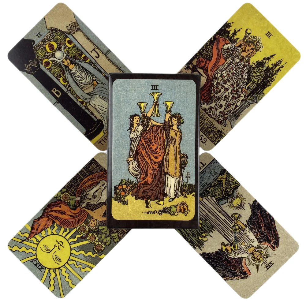 A spread of tarot cards featuring figures, symbols, and imagery from the Rider-Waite deck.