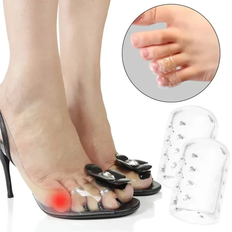 Gel toe caps for blister prevention shown on a foot and separate clear gel caps
