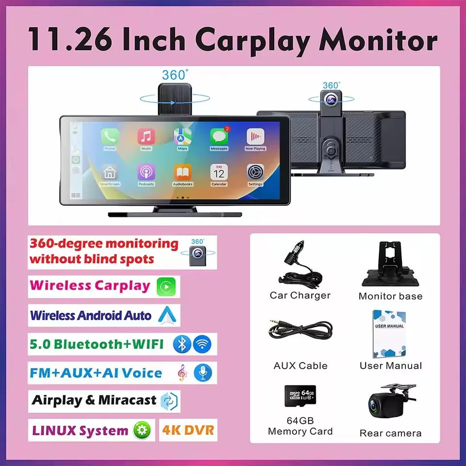 A 11.26 inch Carplay monitor with a mounting bracket, showing various accessories like a car charger and memory card.