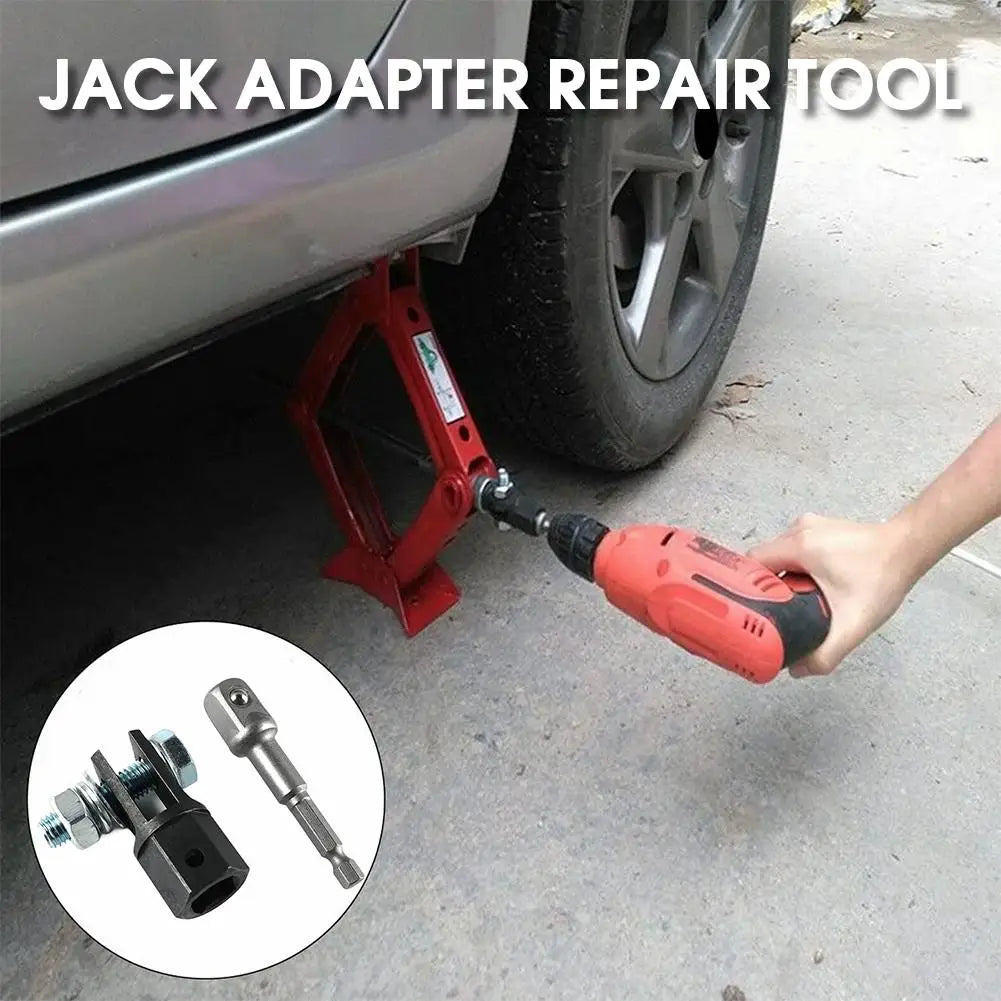 An orange power tool is shown applying force to a red jack adapter repair tool used for vehicle repairs.