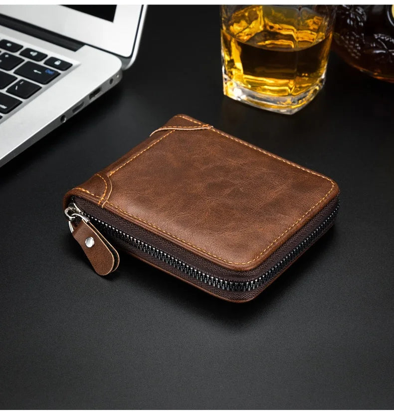 Men's Retro PU Leather Bifold Wallet with Zipper and Coin Pocket