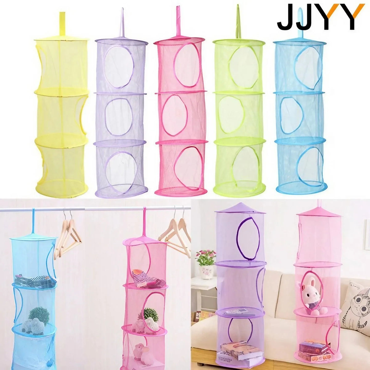 A set of three-tier mesh hanging storage organizers in various pastel colors including yellow, purple, pink, and blue.