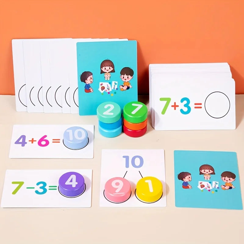 A set of colorful arithmetic block cards showing addition and subtraction problems like 7+3= and 4+6=