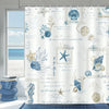 A white shower curtain featuring blue nautical starfish, shells, and sea motifs.