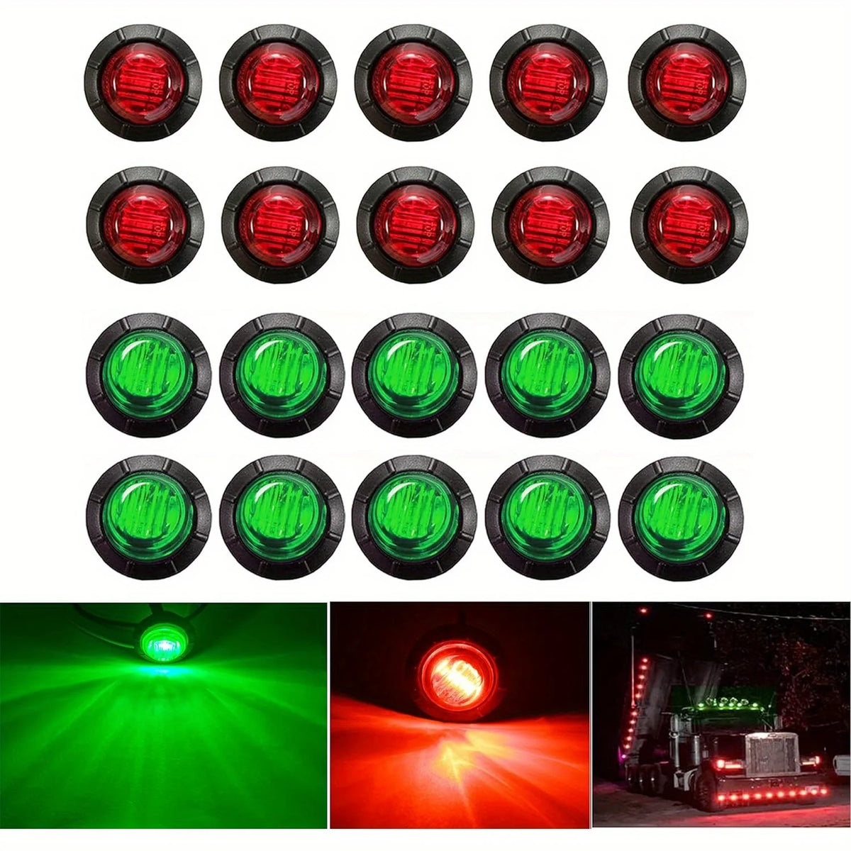 A set of compact LED side marker lights for trucks and vehicles, showing various red and green light patterns.