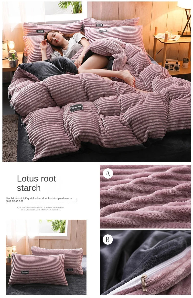 A set of reversible corduroy duvet covers featuring a velvet-sided finish in dusty rose and charcoal colors.