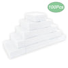 A stack of white melamine cleaning sponges, packaged in a 100-piece multipack.