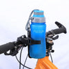 A blue water bottle is mounted on a bicycle frame using a rotatable cage system.