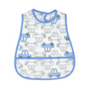 White baby feeding bib with a catch pocket featuring a pattern of gray and blue cars.