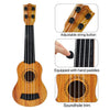 A wooden ukulele toy guitar with an adjustable string button and hand paddles is shown.
