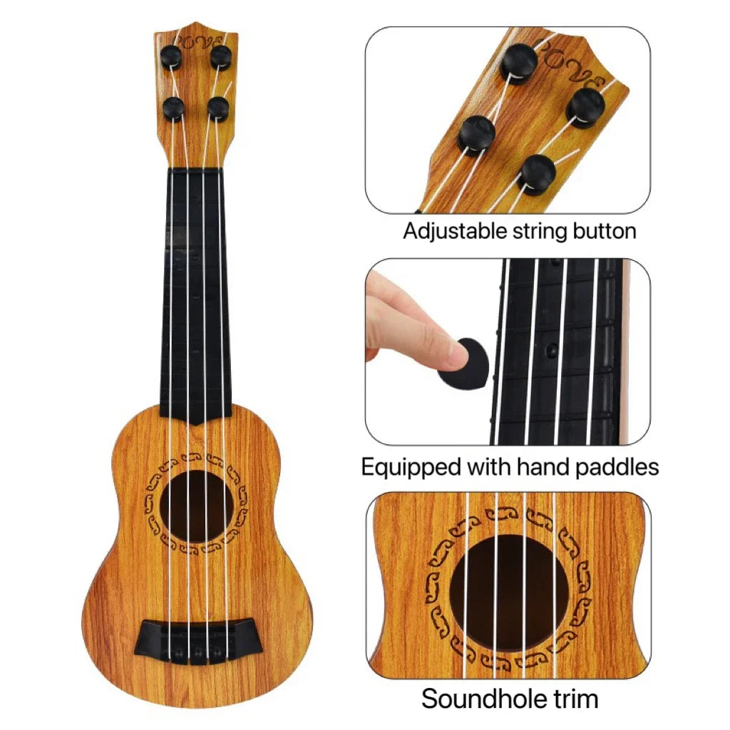 A wooden ukulele toy guitar with an adjustable string button and hand paddles is shown.